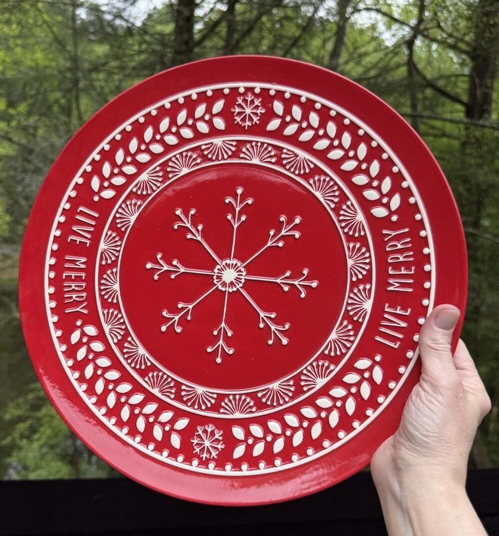 Live Merry Hallmark Christmas Platter Red Round Platter 13 1/4” Snowflakes New!